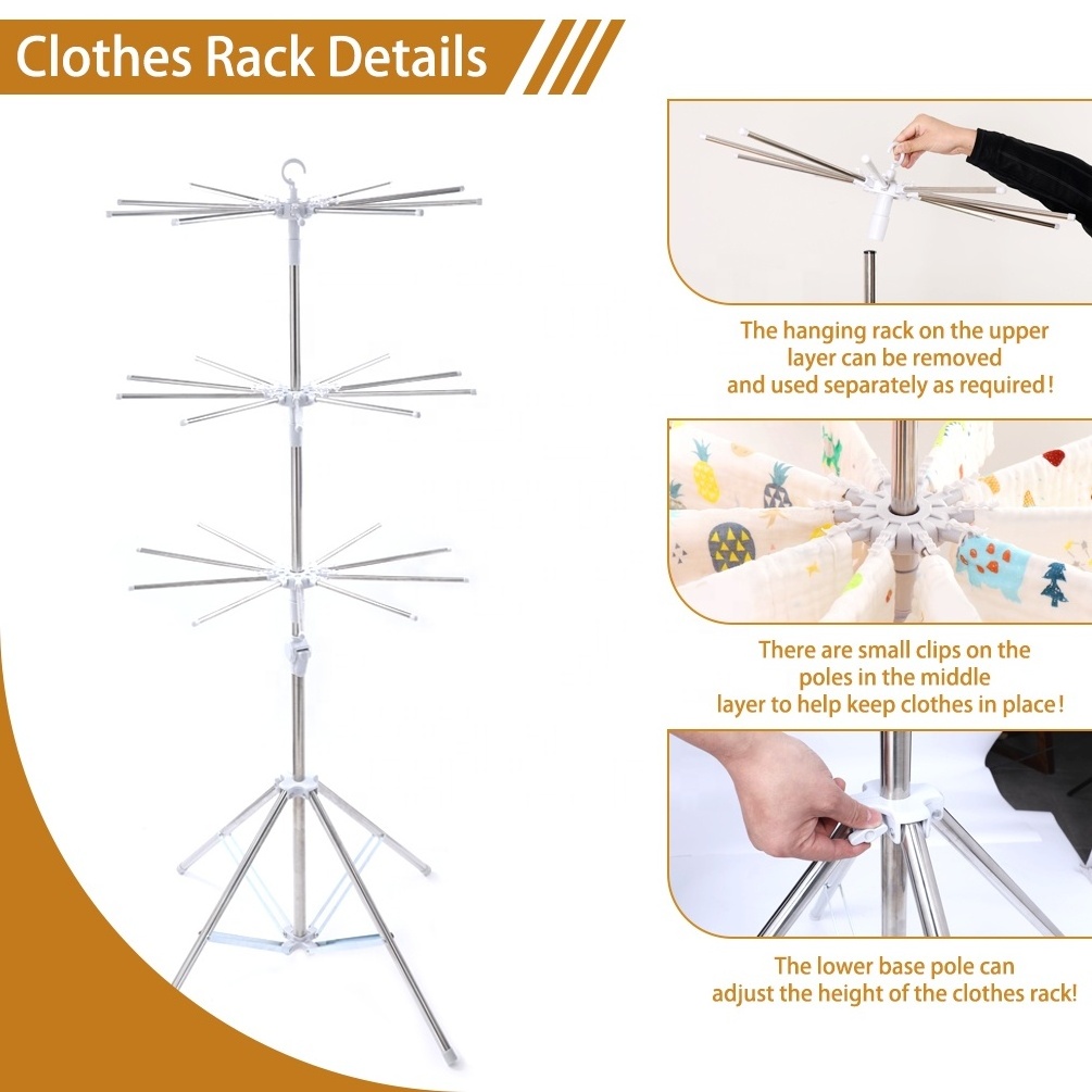 BAOYOUNI Stainless Steel Folding Laundry Dryer Hanging Clothes Rack Adjustable Height Tripod Dryer Stand Shelf for Towel