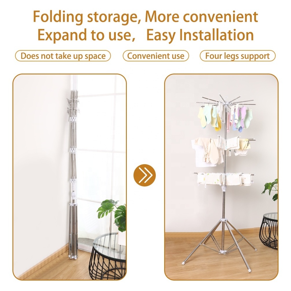 BAOYOUNI Stainless Steel Folding Laundry Dryer Hanging Clothes Rack Adjustable Height Tripod Dryer Stand Shelf for Towel