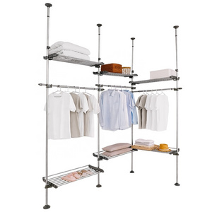 BAOYOUNI Adjustable Tension Pole Closet System DIY Assembled Metal Wardrobe Clothes Organizer Garment Hanger with Storage Shelf