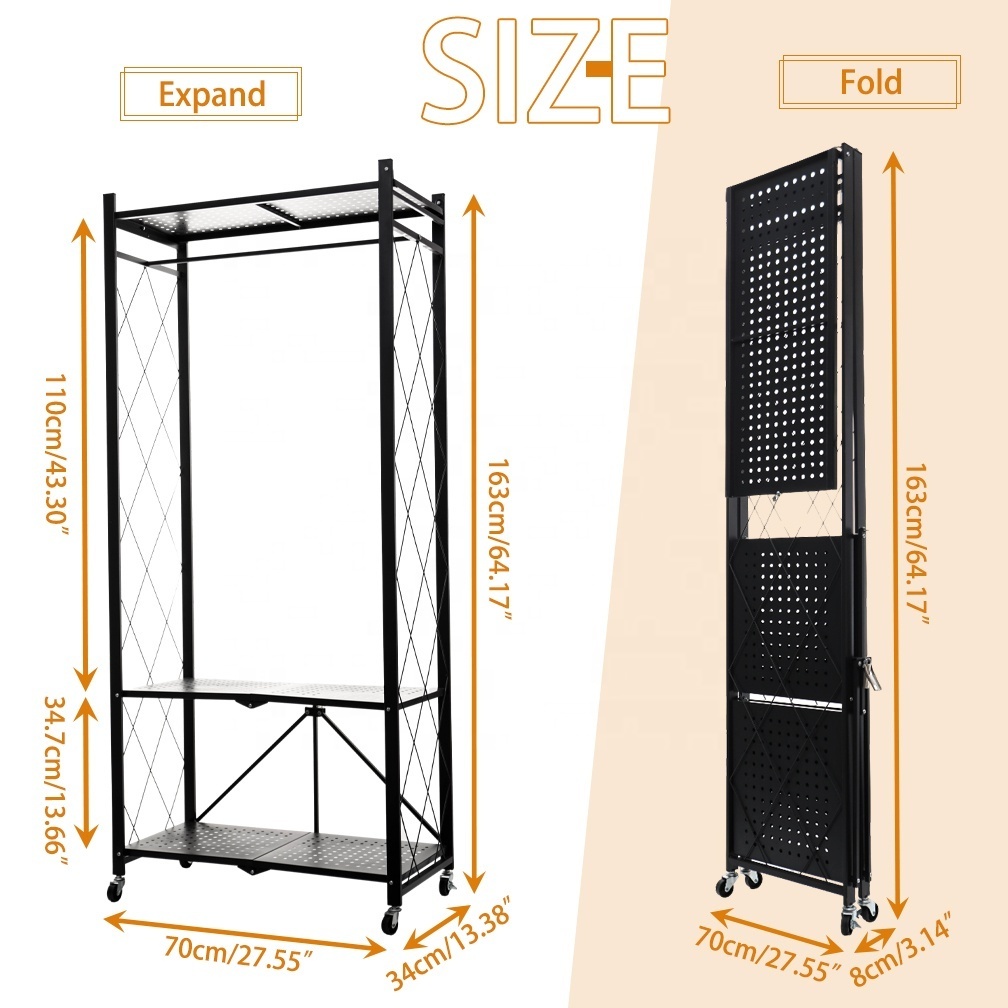 BAOYOUNI 3-Tier Metal Folding Storage Shelf Collapsible Organizing Rack with Wheels for Garage Kitchen Pantry Home Office