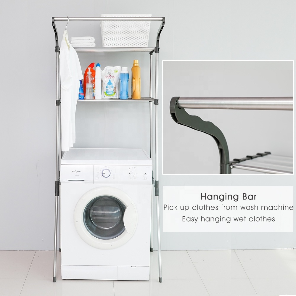 BAOYOUNI 2 Tier Stainless Steel Storage Washing Machine Stand Bathroom Space Saver Organizer Rack Shelf with Hanging Rod