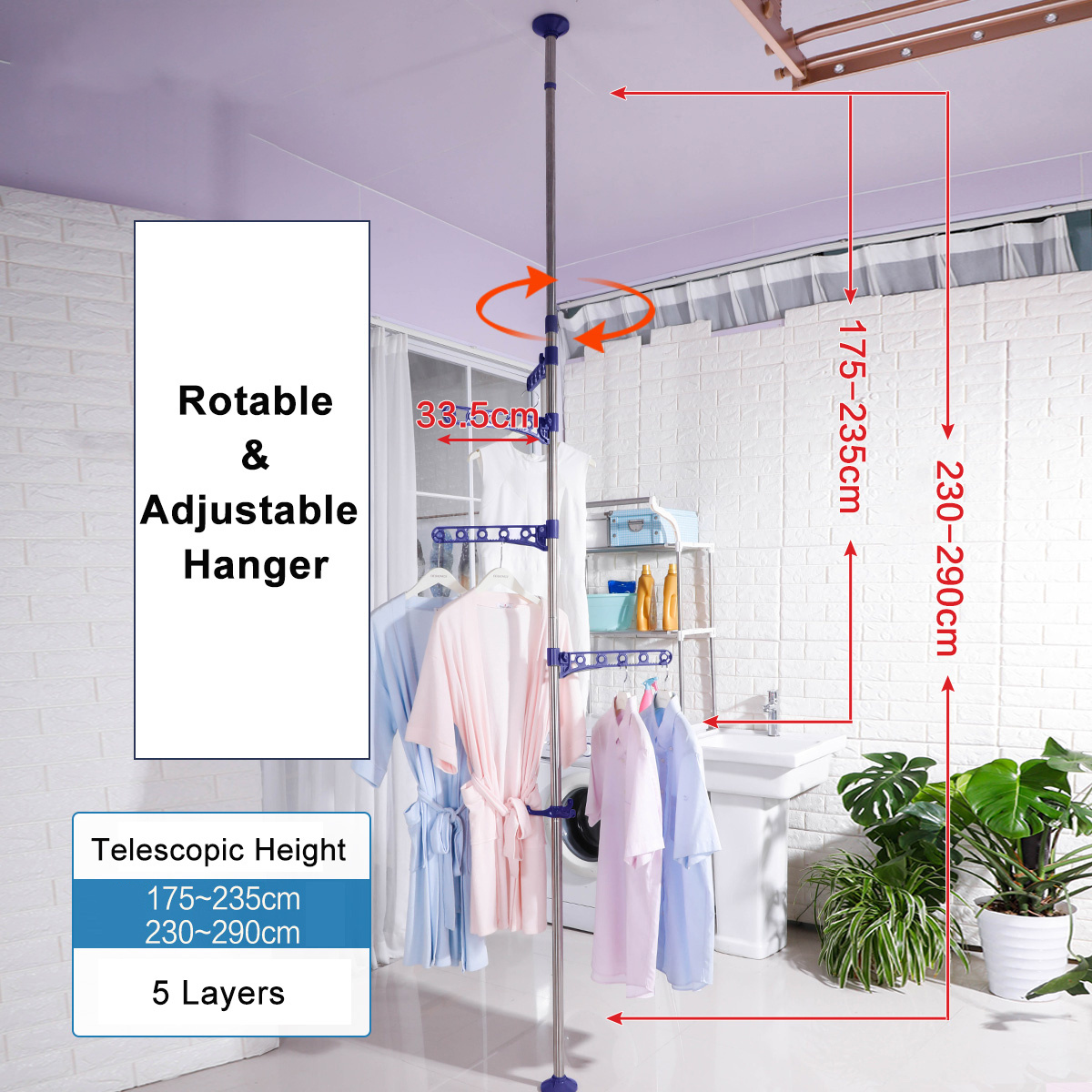 BAOYOUNI Stainless Spring Tension Clothes Hanger Rack Laundry Pole Clothing Drying Rack Storage Organizer for Indoor, Balcony