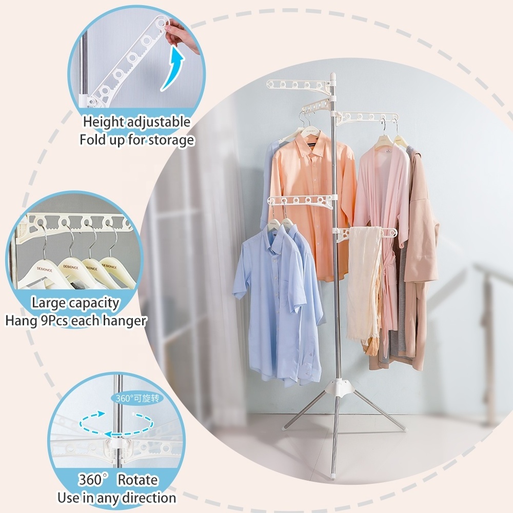 BAOYOUNI Factory Indoor Tripod Standing Laundry Drying Rack Collapsible Coat Hat Hanging Rack with Adjustable Clothes Hanger