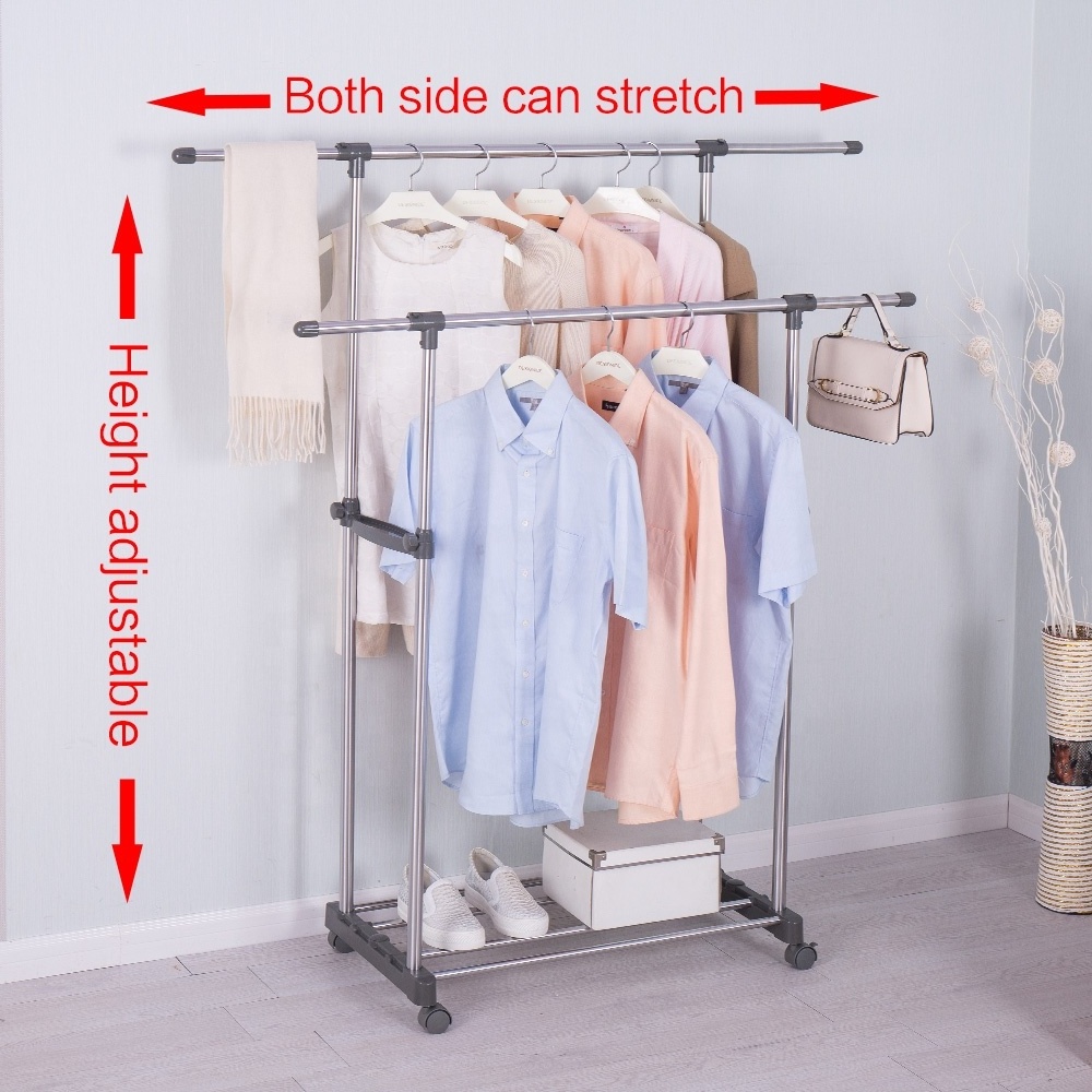 BAOYOUNI Double Rod Stainless Steel Garment Display Racks Adjustable Clothes Stand Rack with Movable Wheels