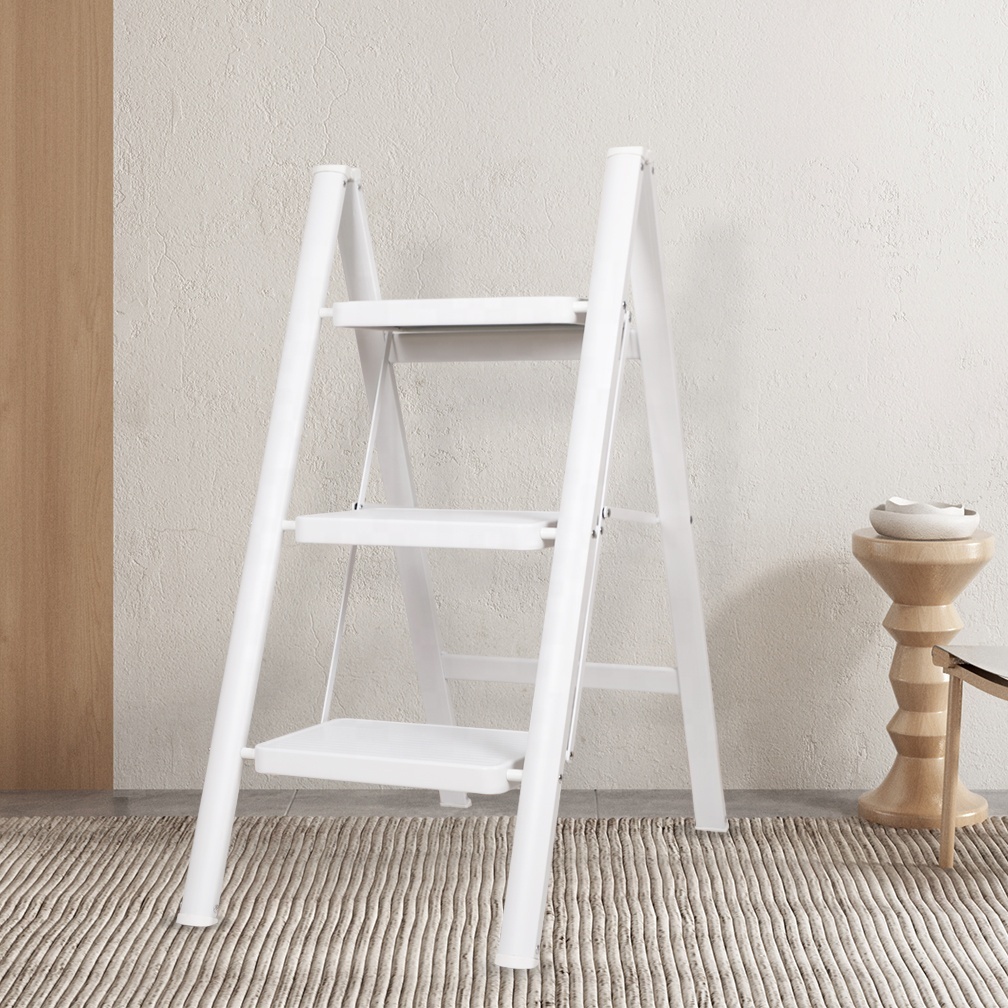 BAOYOUNI White 3 Steps Folding Ladder Anti-Slip Iron Household Stool Ladder with Wide Pedal for Roof Car Office Cleaning