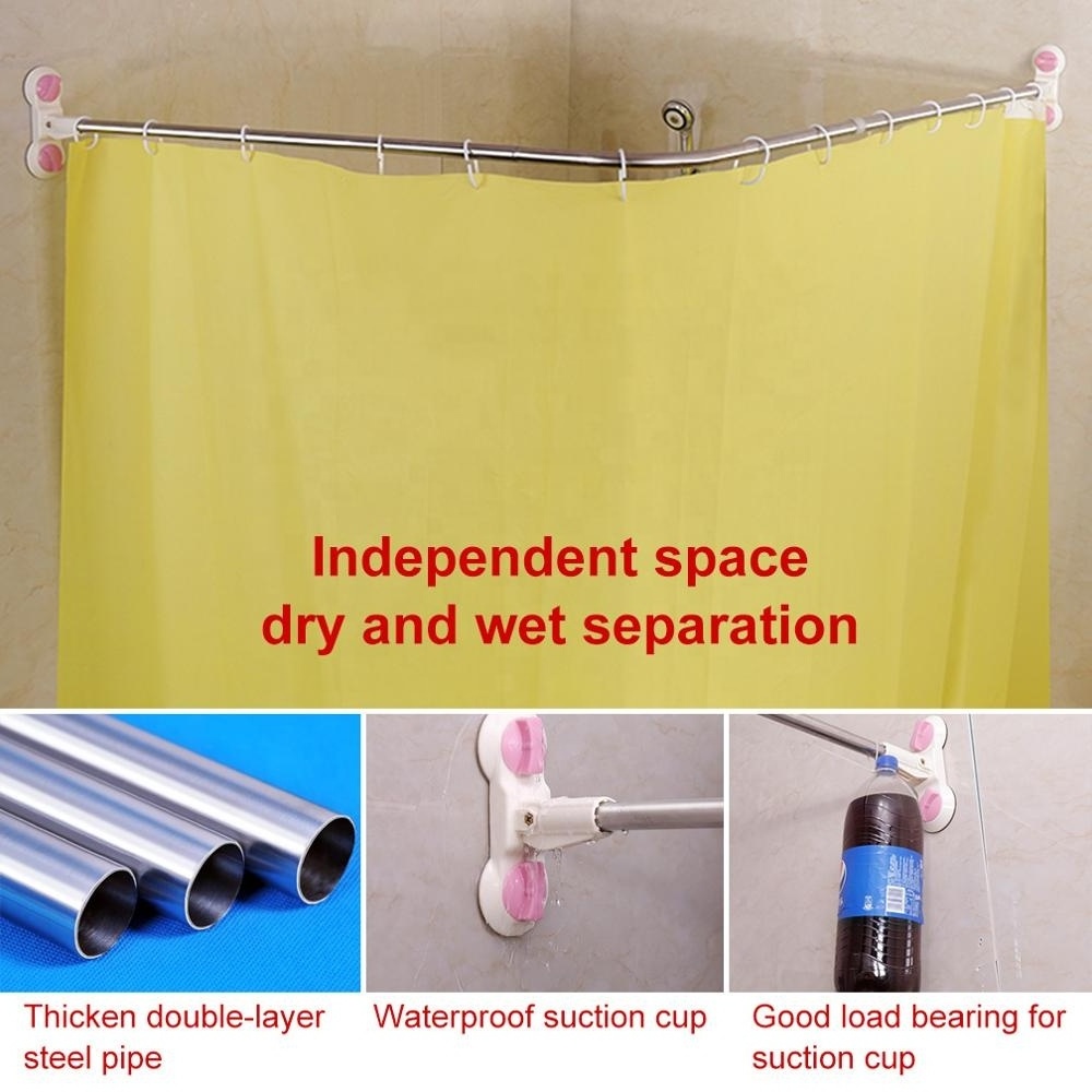 BAOYOUNI L-Shaped Telescopic Shower Curtain Rod Stainless Steel Adjustable Shower Rail Suction Cup Bathtub Bar Without Drilling