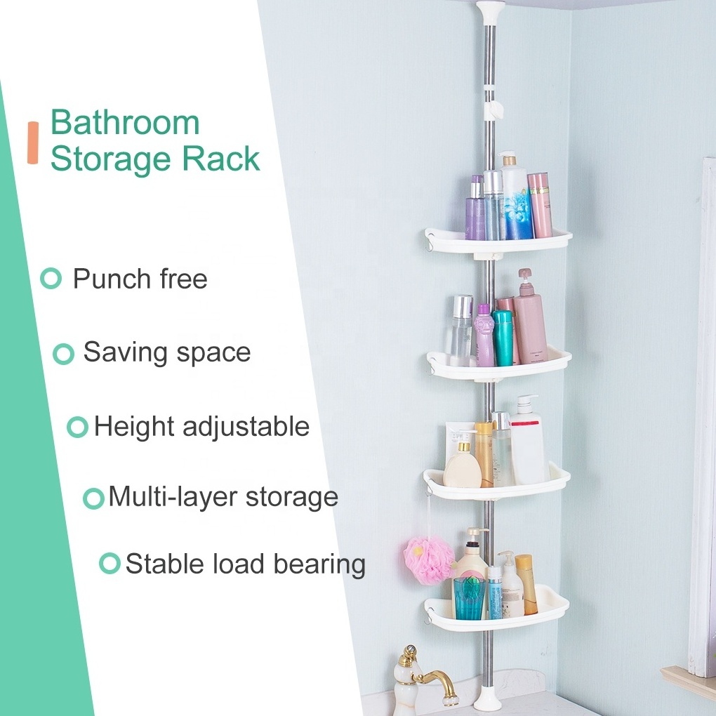 BAOYOUNI 4 Shelf Adjustable Corner Shower shelf Expandable Wall Caddy Rack Tension Pole Shower Organizer Bathroom Shelving