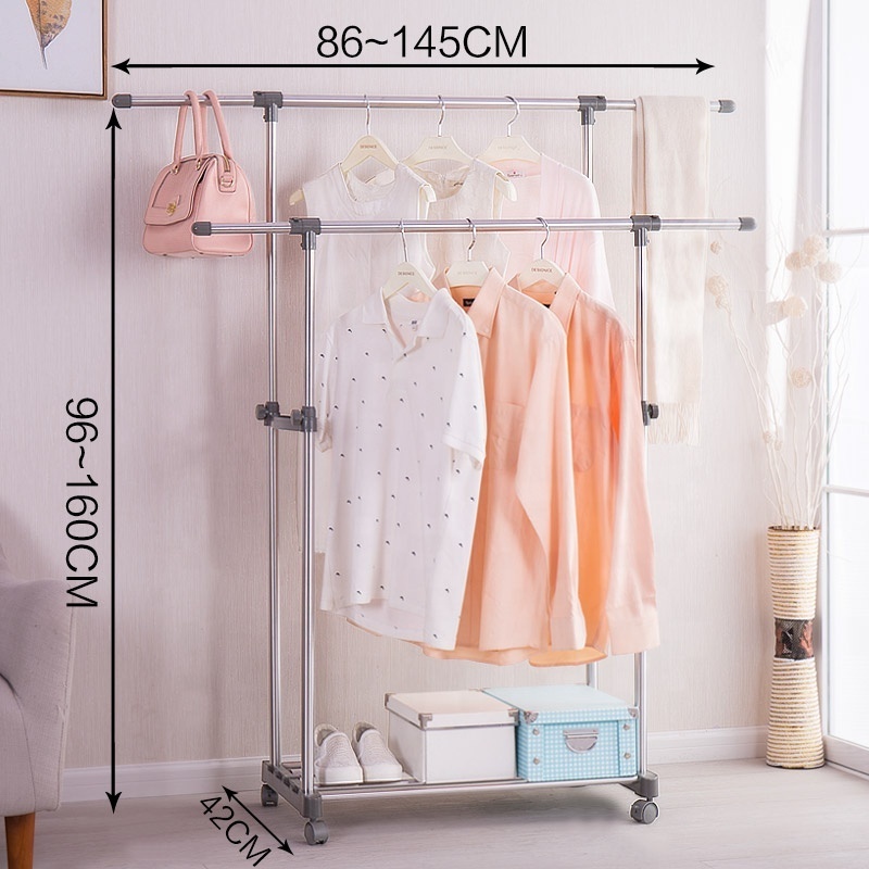 BAOYOUNI Double Rod Stainless Steel Garment Display Racks Adjustable Clothes Stand Rack with Movable Wheels