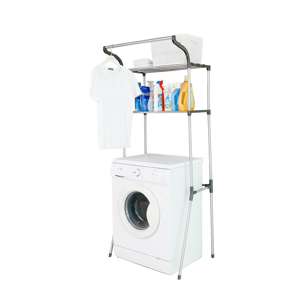 BAOYOUNI 2 Tier Stainless Steel Storage Washing Machine Stand Bathroom Space Saver Organizer Rack Shelf with Hanging Rod