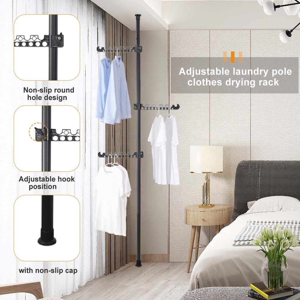 BAOYOUNI Adjustable Laundry Pole Clothes Drying Rack Floor To Ceiling Tension Coat Hanger Organizer Stand for Indoor, Balcony