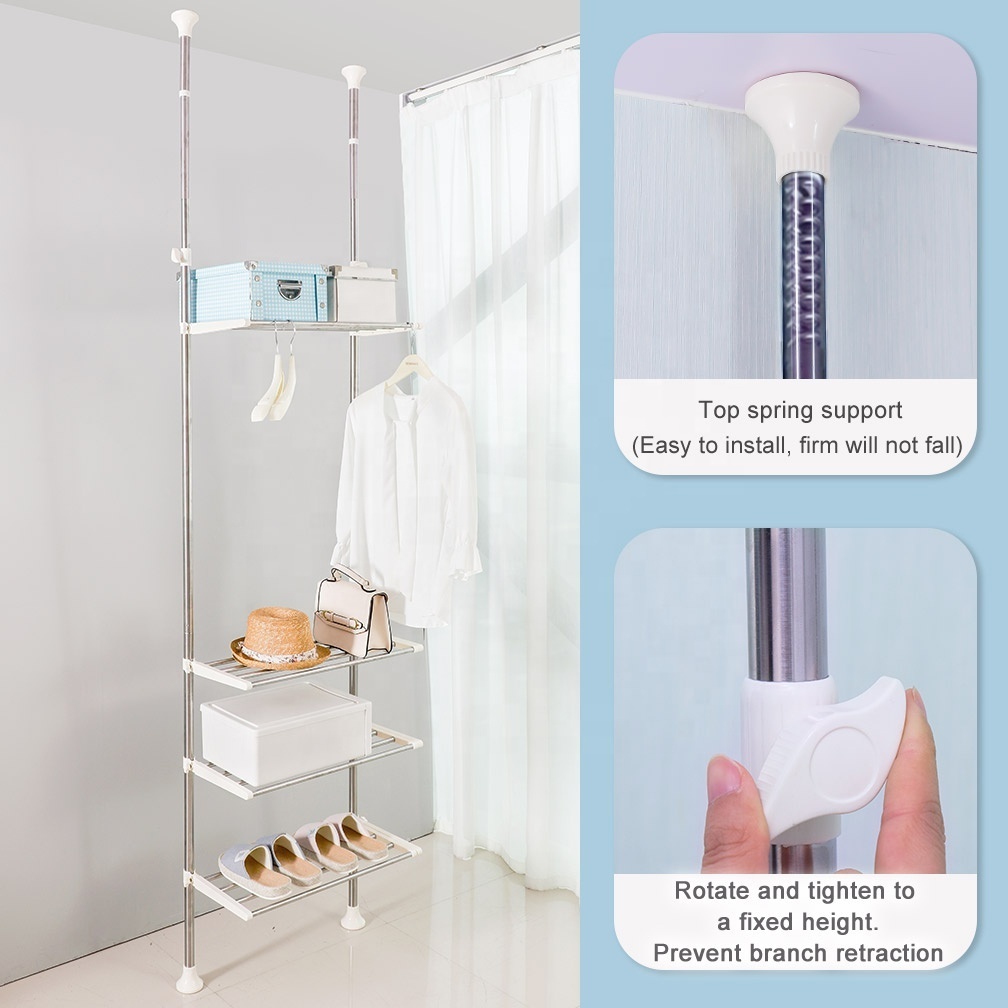 BAOYOUNI Ceiling Mounted 4-Tier Telescopic Clothes Storage Shelf Garment Organizer Adjustable Pole Stand Rack Easy Assemble