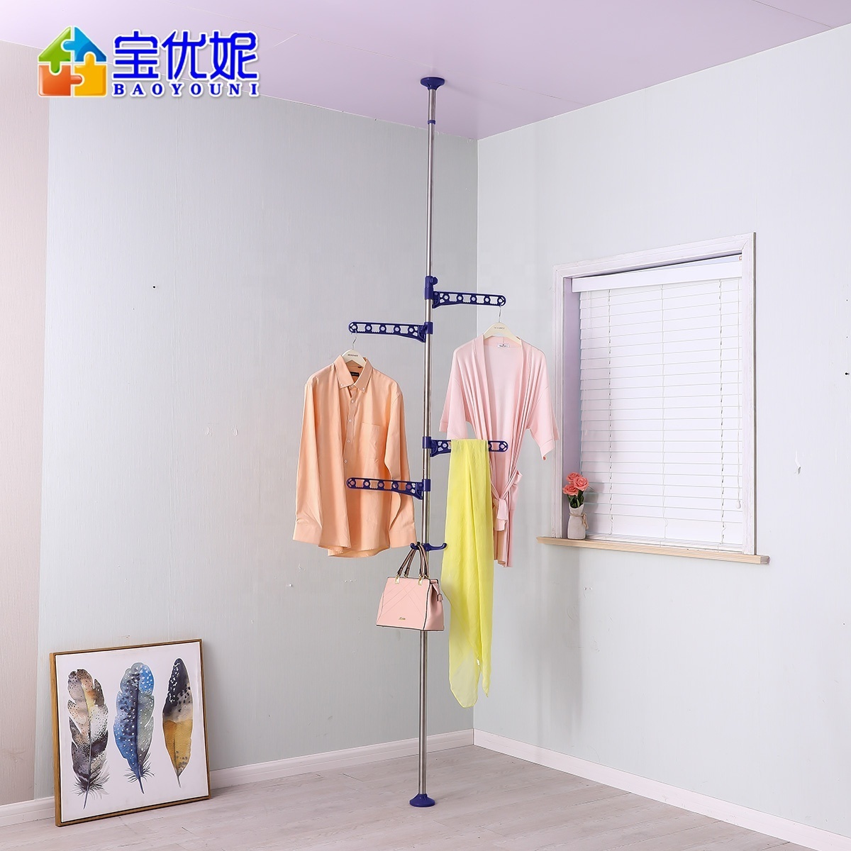 BAOYOUNI Stainless Spring Tension Clothes Hanger Rack Laundry Pole Clothing Drying Rack Storage Organizer for Indoor, Balcony