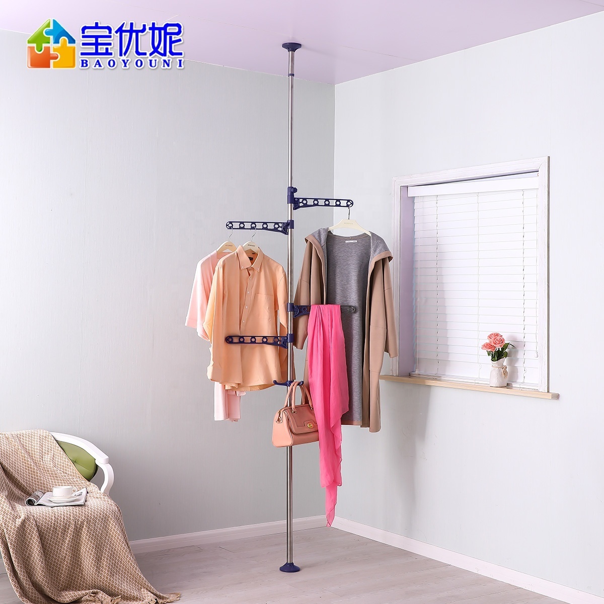 BAOYOUNI Stainless Spring Tension Clothes Hanger Rack Laundry Pole Clothing Drying Rack Storage Organizer for Indoor, Balcony