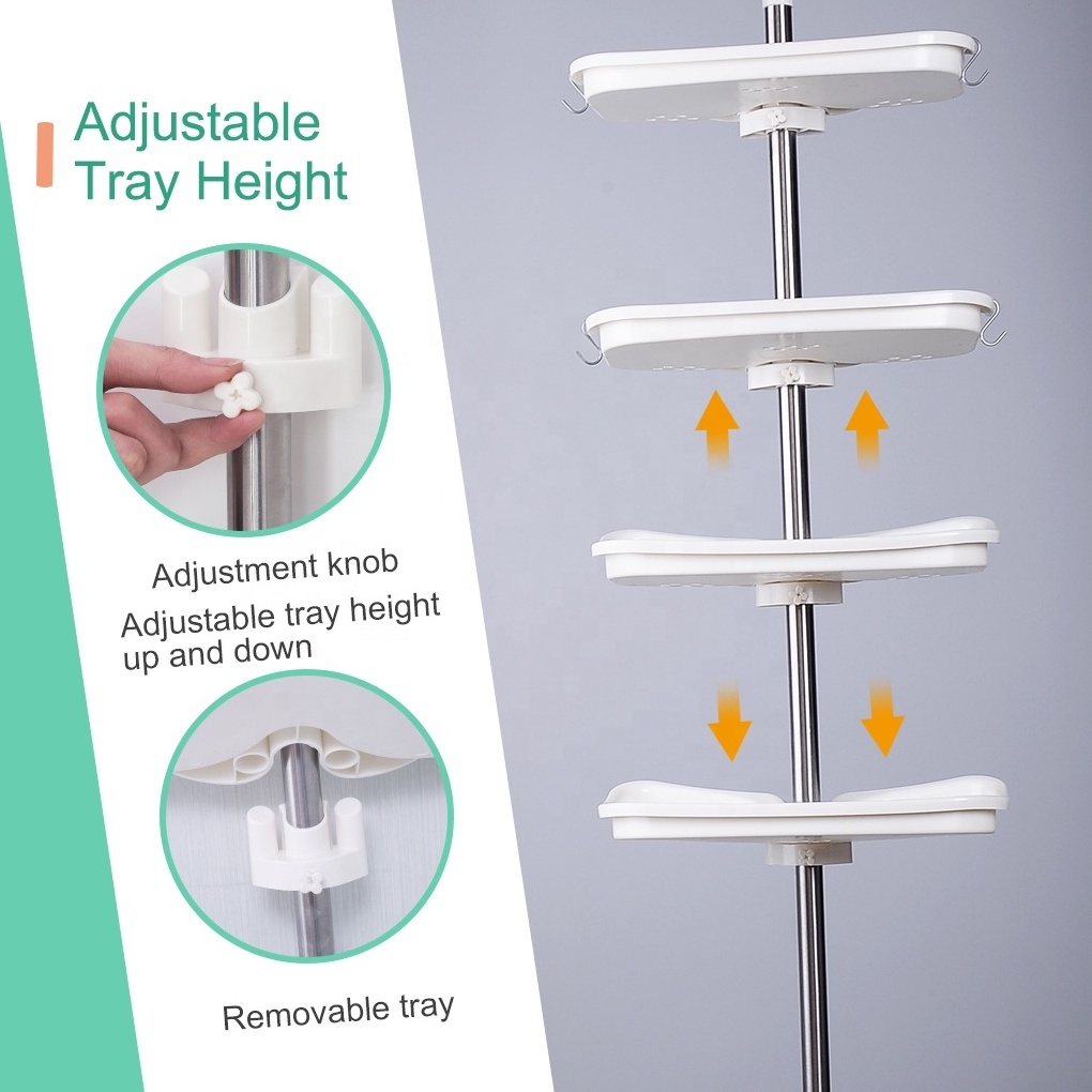 BAOYOUNI 4 Shelf Adjustable Corner Shower shelf Expandable Wall Caddy Rack Tension Pole Shower Organizer Bathroom Shelving