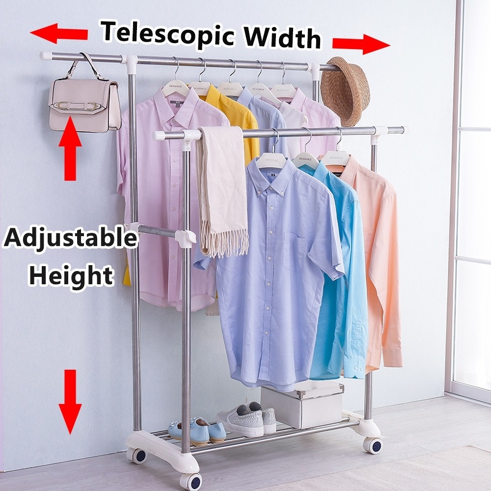 Baoyouni Telescopic Extendable Stainless Steel Clothes Shelf Rolling Garment Laundry Stand Coat Cloth Drying Rail Rack