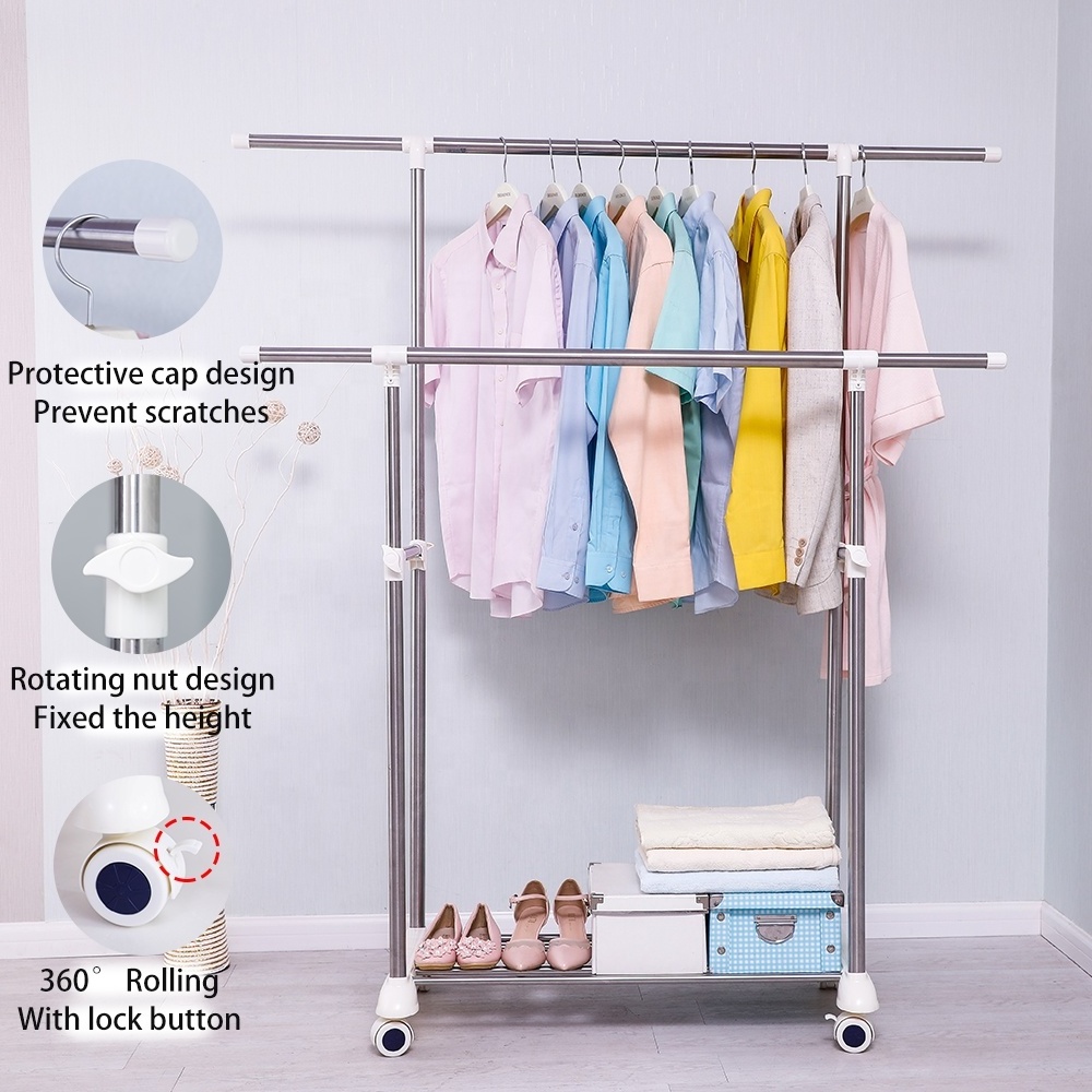 Baoyouni Telescopic Extendable Stainless Steel Clothes Shelf Rolling Garment Laundry Stand Coat Cloth Drying Rail Rack