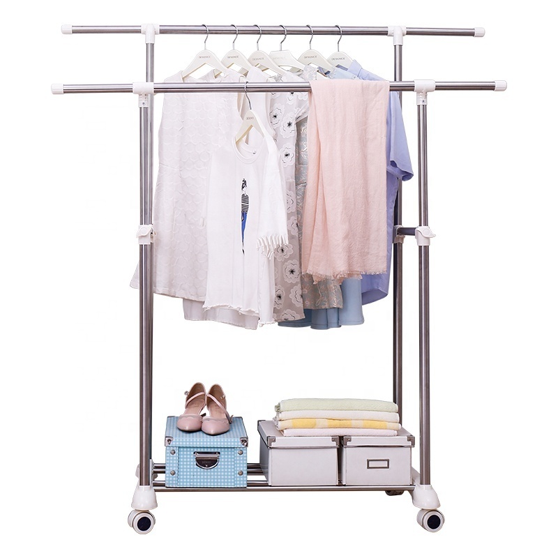 Baoyouni Telescopic Extendable Stainless Steel Clothes Shelf Rolling Garment Laundry Stand Coat Cloth Drying Rail Rack