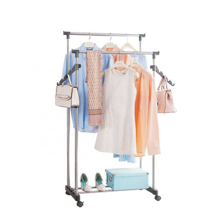 BYN Movable Double Pole Floor Hanger Storage Expandable Clothing Telescopic Coat Hanging Stand Drying Racks Shelf With Wheels