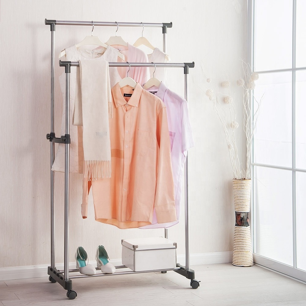 BYN Movable Double Pole Floor Hanger Storage Expandable Clothing Telescopic Coat Hanging Stand Drying Racks Shelf With Wheels