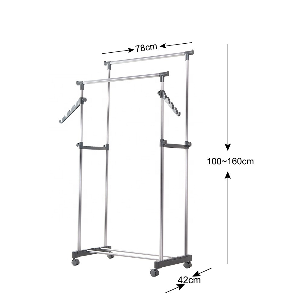 BYN Movable Double Pole Floor Hanger Storage Expandable Clothing Telescopic Coat Hanging Stand Drying Racks Shelf With Wheels