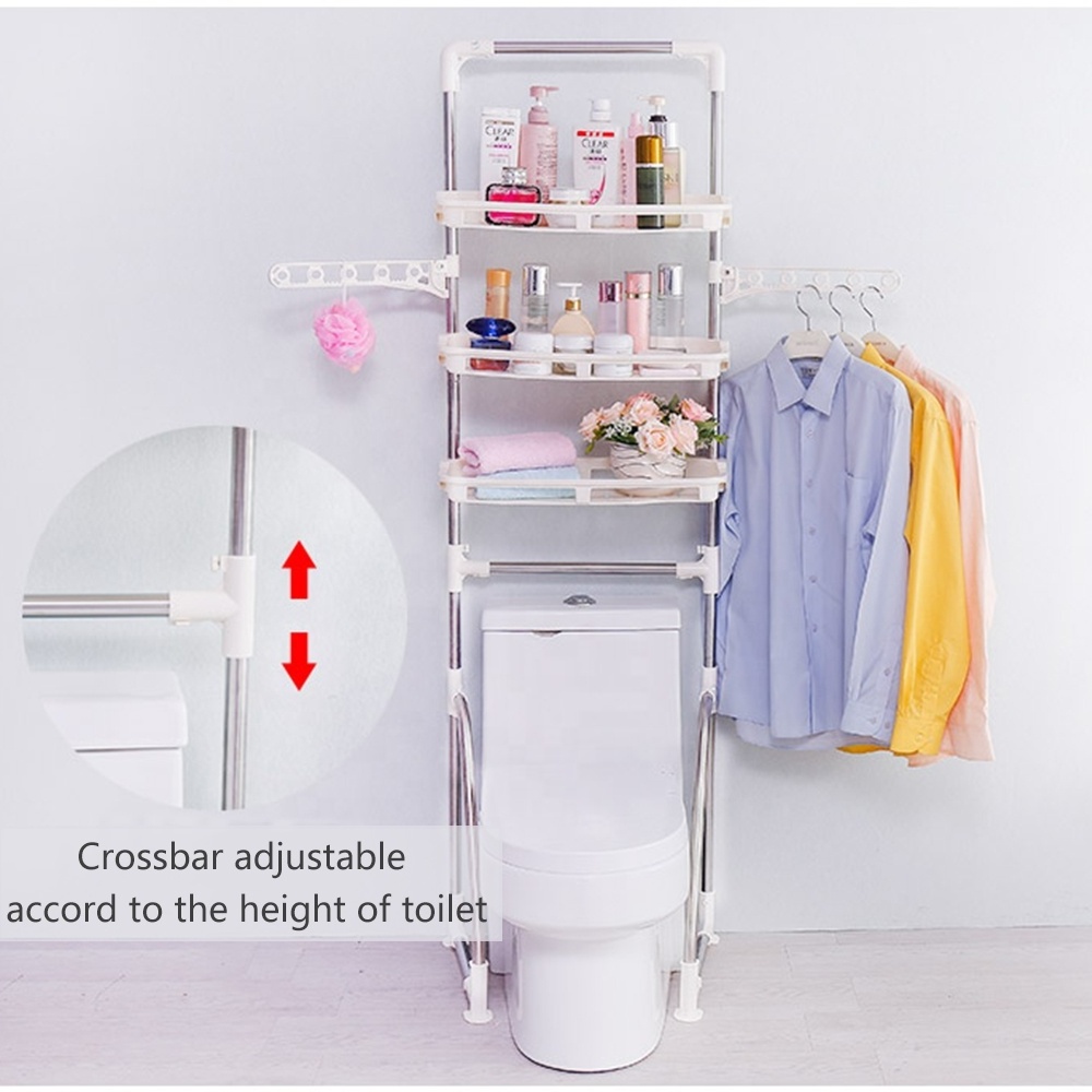 BAOYOUNI Adjustable Over The Toilet Steel Storage Rack Shower Space Saver Hangers Organizer Floor Bathroom Shelves