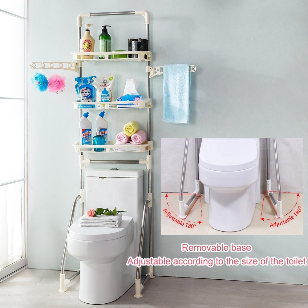 BAOYOUNI Adjustable Over The Toilet Steel Storage Rack Shower Space Saver Hangers Organizer Floor Bathroom Shelves