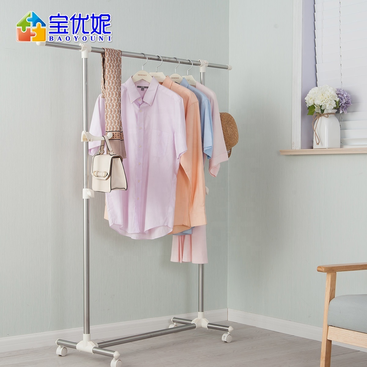 BAOYOUNI Stainless Steel Adjustable Telescopic Single Pole Garment Hangers Shelves Movable Clothes Dryer Rack Stand With Wheels