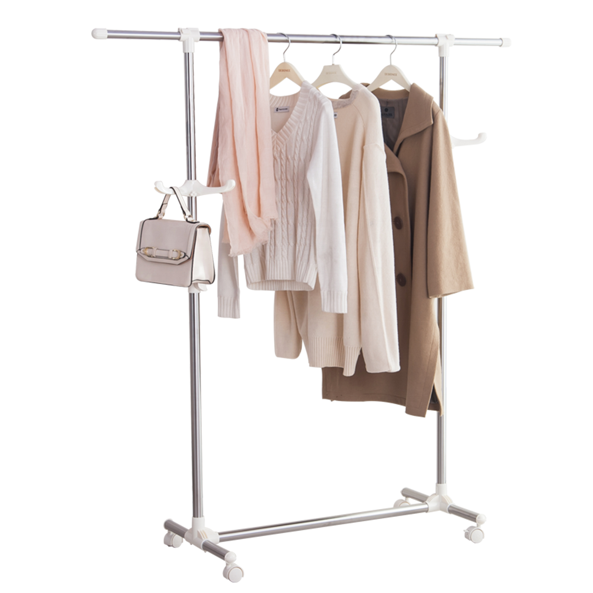 BAOYOUNI Stainless Steel Adjustable Telescopic Single Pole Garment Hangers Shelves Movable Clothes Dryer Rack Stand With Wheels