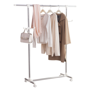 BAOYOUNI Stainless Steel Adjustable Telescopic Single Pole Garment Hangers Shelves Movable Clothes Dryer Rack Stand With Wheels