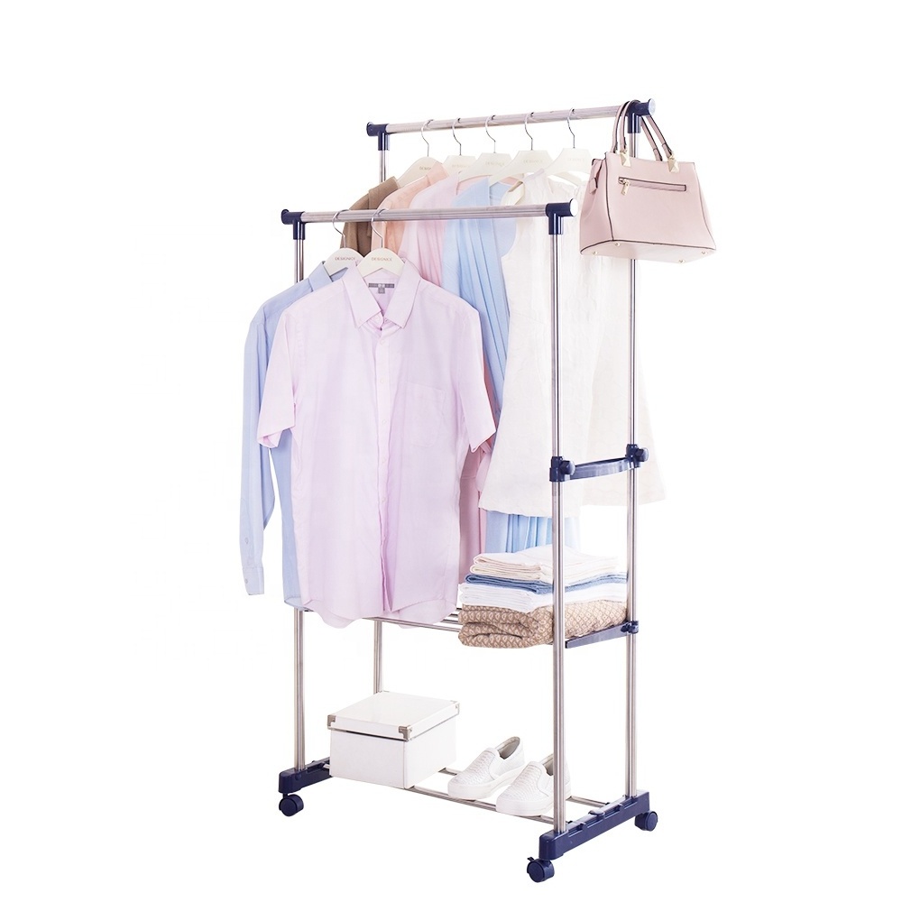 BAOYOUNI 2 Tier Double Adjustable Movable Clothes Hanging Pole Stainless Steel Garment Drying Dress Shoe Stand rack