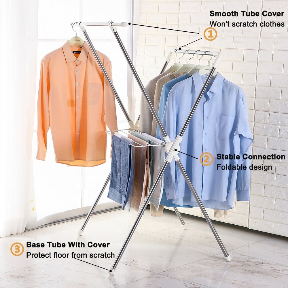 X Shaped Foldable Clothes Rack Stainless Steel Collapsible Drying Stand Laundry Hanger Dryer Rack with Towel Rail Indoor Outdoor