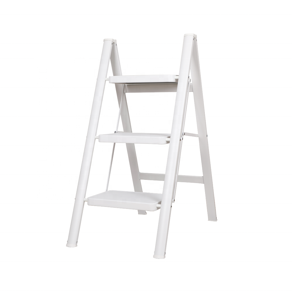 BAOYOUNI White 3 Steps Folding Ladder Anti-Slip Iron Household Stool Ladder with Wide Pedal for Roof Car Office Cleaning