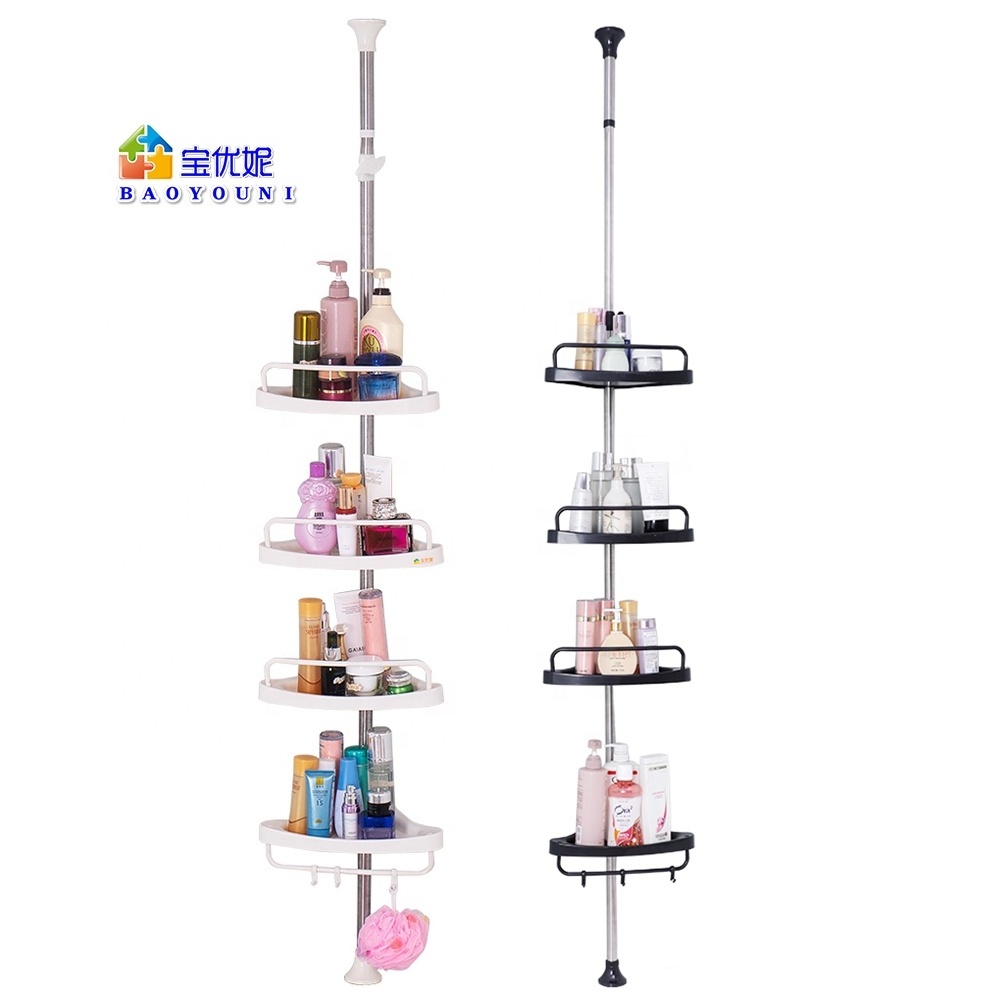 BAOYOUNI 4 Tier Telescopic Space Saving Stainless Steel Bathroom Storage Corner Shower Caddy Floor Standing Rack Shelves