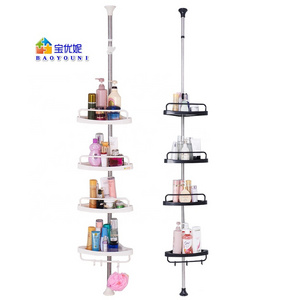 BAOYOUNI 4 Tier Telescopic Space Saving Stainless Steel Bathroom Storage Corner Shower Caddy Floor Standing Rack Shelves