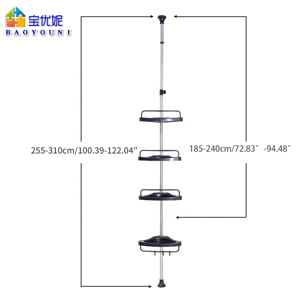 BAOYOUNI 4 Tier Telescopic Space Saving Stainless Steel Bathroom Storage Corner Shower Caddy Floor Standing Rack Shelves