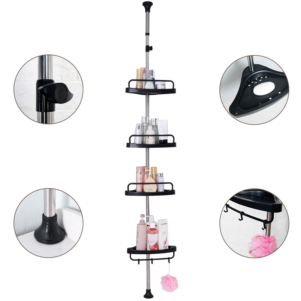 BAOYOUNI 4 Tier Telescopic Space Saving Stainless Steel Bathroom Storage Corner Shower Caddy Floor Standing Rack Shelves