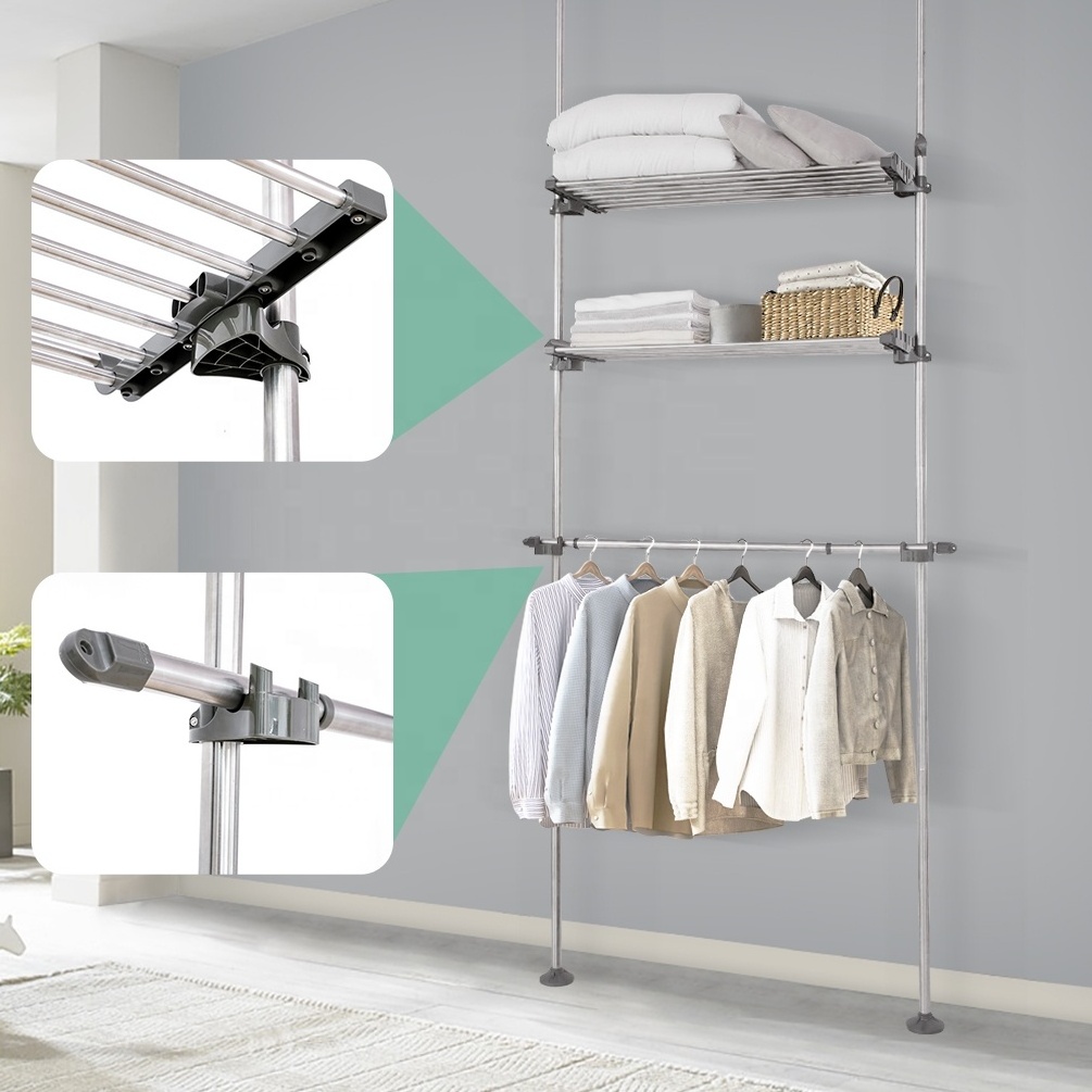 BAOYOUNI Floor To Ceiling Adjustable Closet Shelf Telescopic Closet Organizer with 2 Storage Baskets 1 Tension Clothes Rail