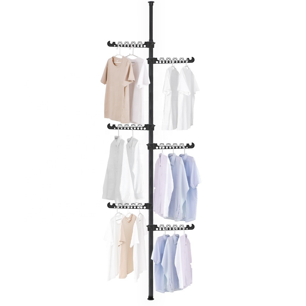 BAOYOUNI Adjustable Laundry Pole Clothes Drying Rack Floor To Ceiling Tension Coat Hanger Organizer Stand for Indoor, Balcony