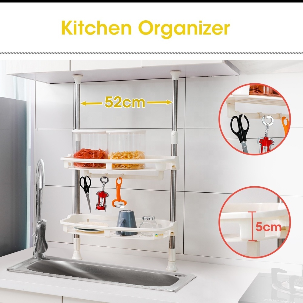 BAOYOUNI Plastic 2 Tier Kitchen Counter Shelves Adjustable Seasoning Spice Rack Jar Bottles Organizer Stand without Drilling