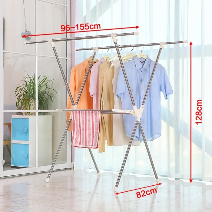 BAOYOUNI Double Pole Foldable Clothes Rack X-Shaped Adjustable Laundry Stand Drying Shelf Collapsible Garment Towel Storage Rack