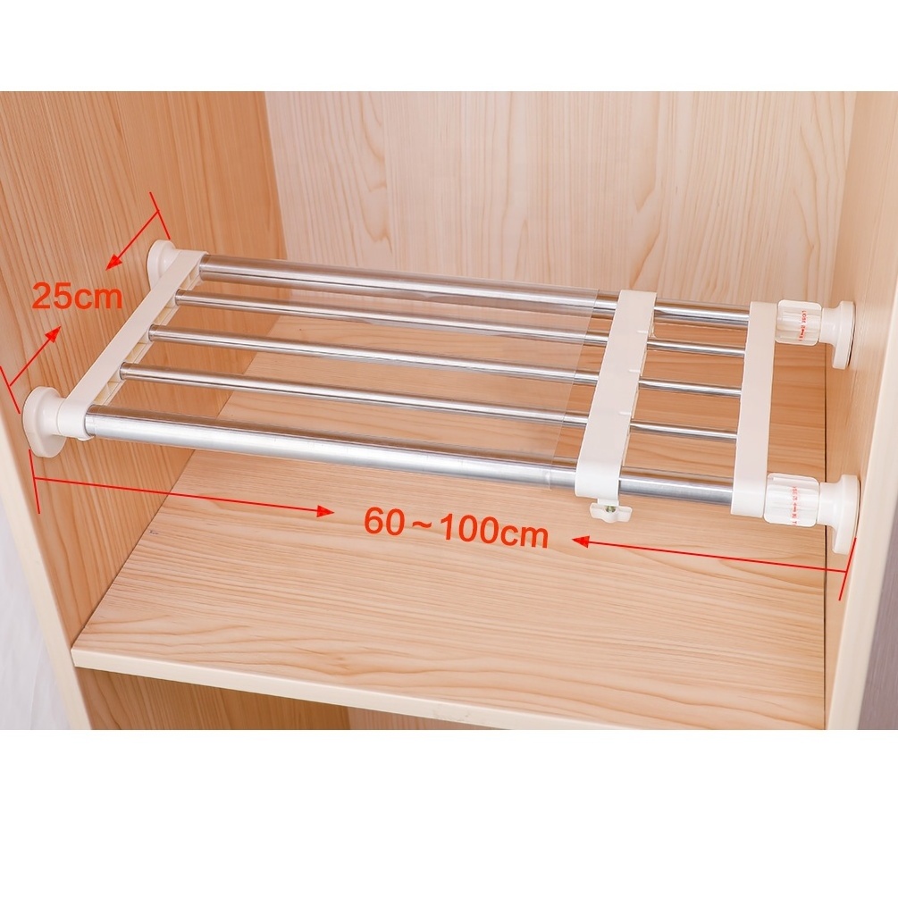 BAOYOUNI 60-100 cm Expandable Closet Shelf DIY Adjustable Wardrobe Storage Rack Metal Tension Rod Organizer Shelf No Drilling