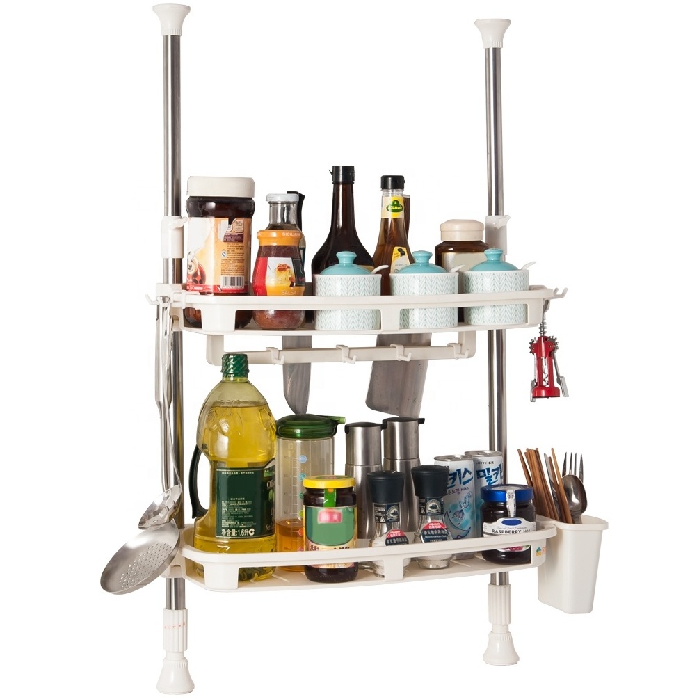 BAOYOUNI Plastic 2 Tier Kitchen Counter Shelves Adjustable Seasoning Spice Rack Jar Bottles Organizer Stand without Drilling