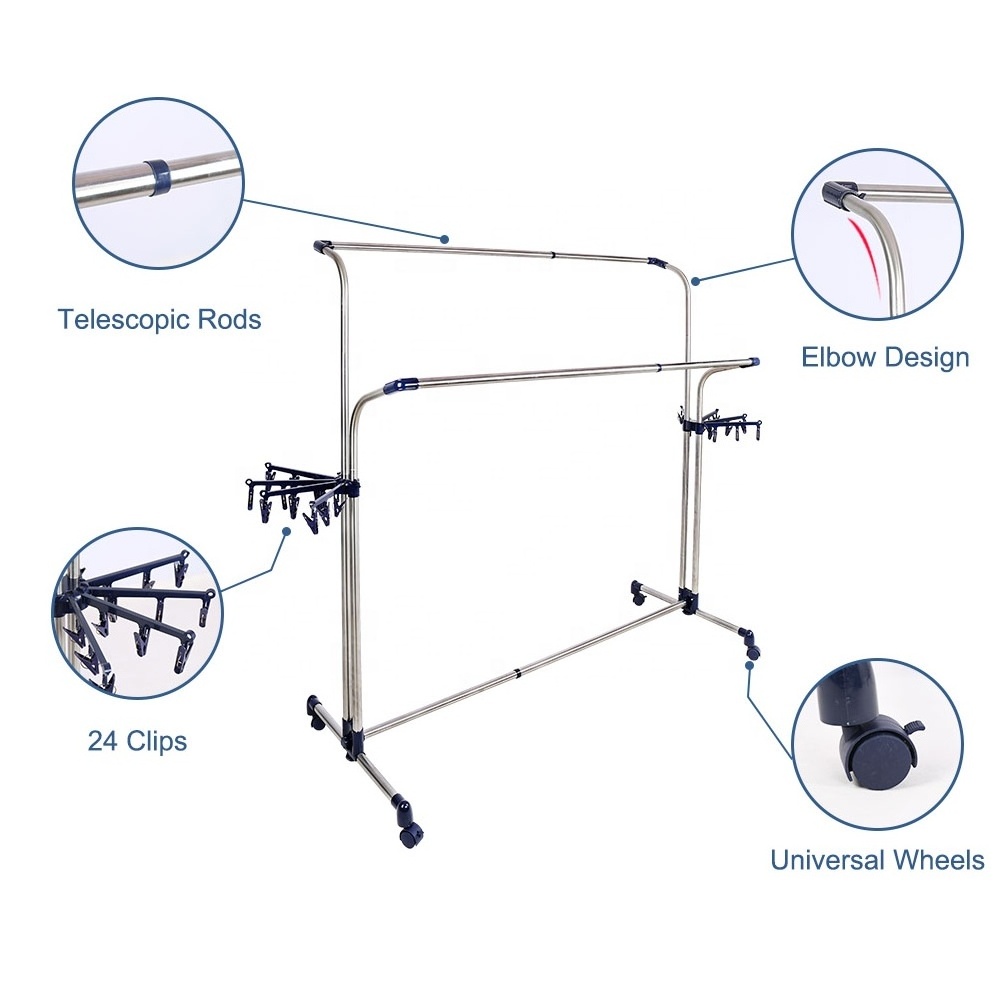 BAOYOUNI Big Outdoor Stainless Steel Double Rod Telescopic Clothes Hangers Rack Expandable Stand Laundry Drying Rack With Wheels