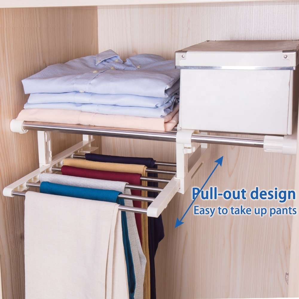 BAOYOUNI Metal 45-70cm Length Expandable Closet Organizer Shelves with Sliding Trouser Hanger Wardrobe Tension Shelf Partition