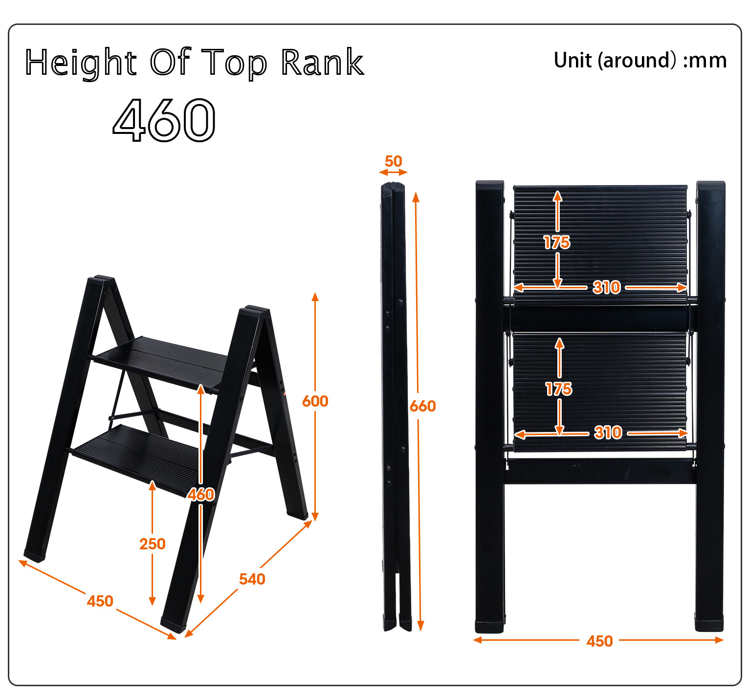 BAOYOUNI Black Aluminum Folding Step Ladder Narrow Heavy Duty Portable Ladder Stool Ladder with  Anti-Slip Feet