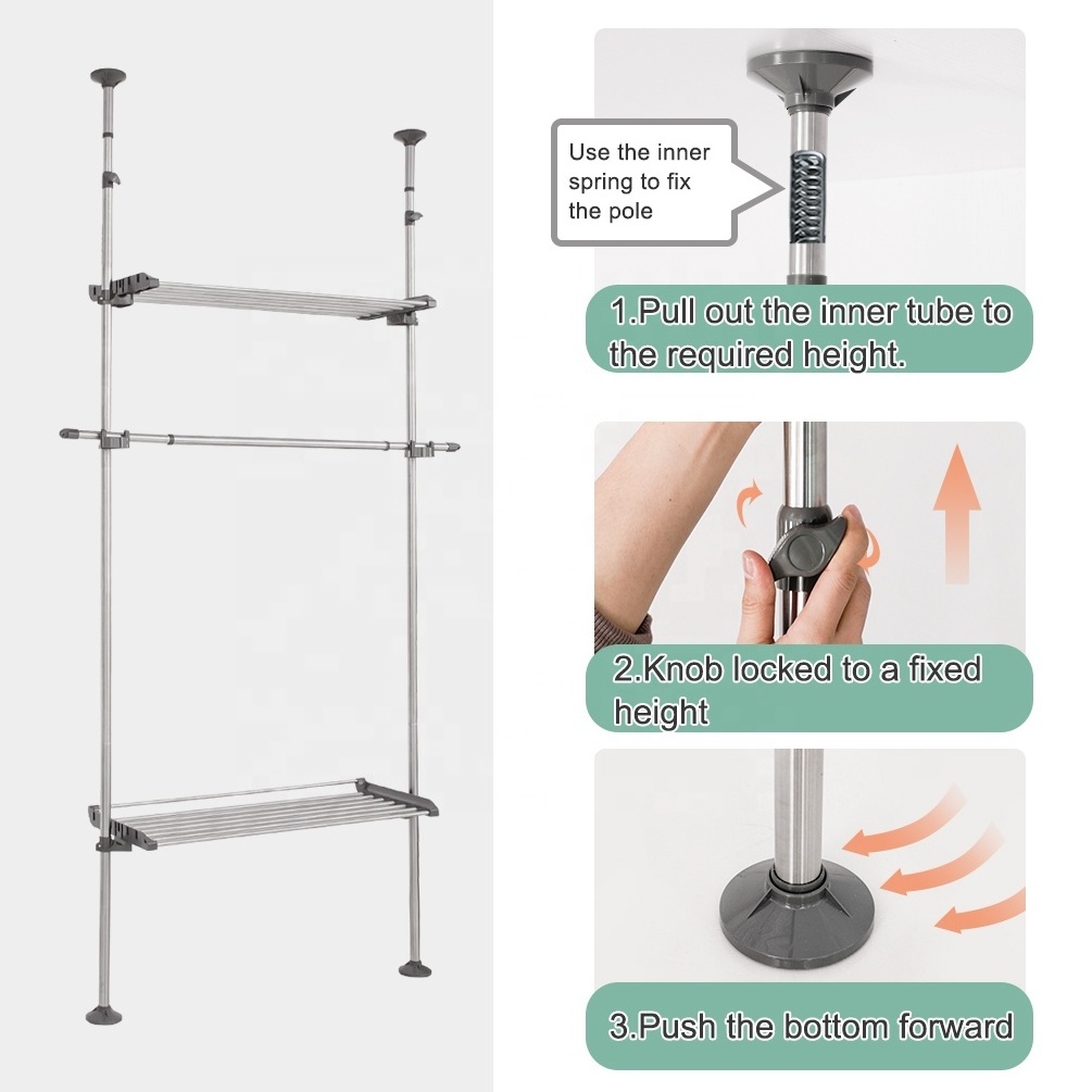 BAOYOUNI Floor To Ceiling Adjustable Closet Shelf Telescopic Closet Organizer with 2 Storage Baskets 1 Tension Clothes Rail