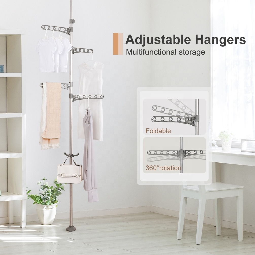 BAOYOUNI Vertical Standing Clothes Rack with 4 hanger 1 hat hook Adjustable Corner Garment Storage Shelf Tension Laundry Rack