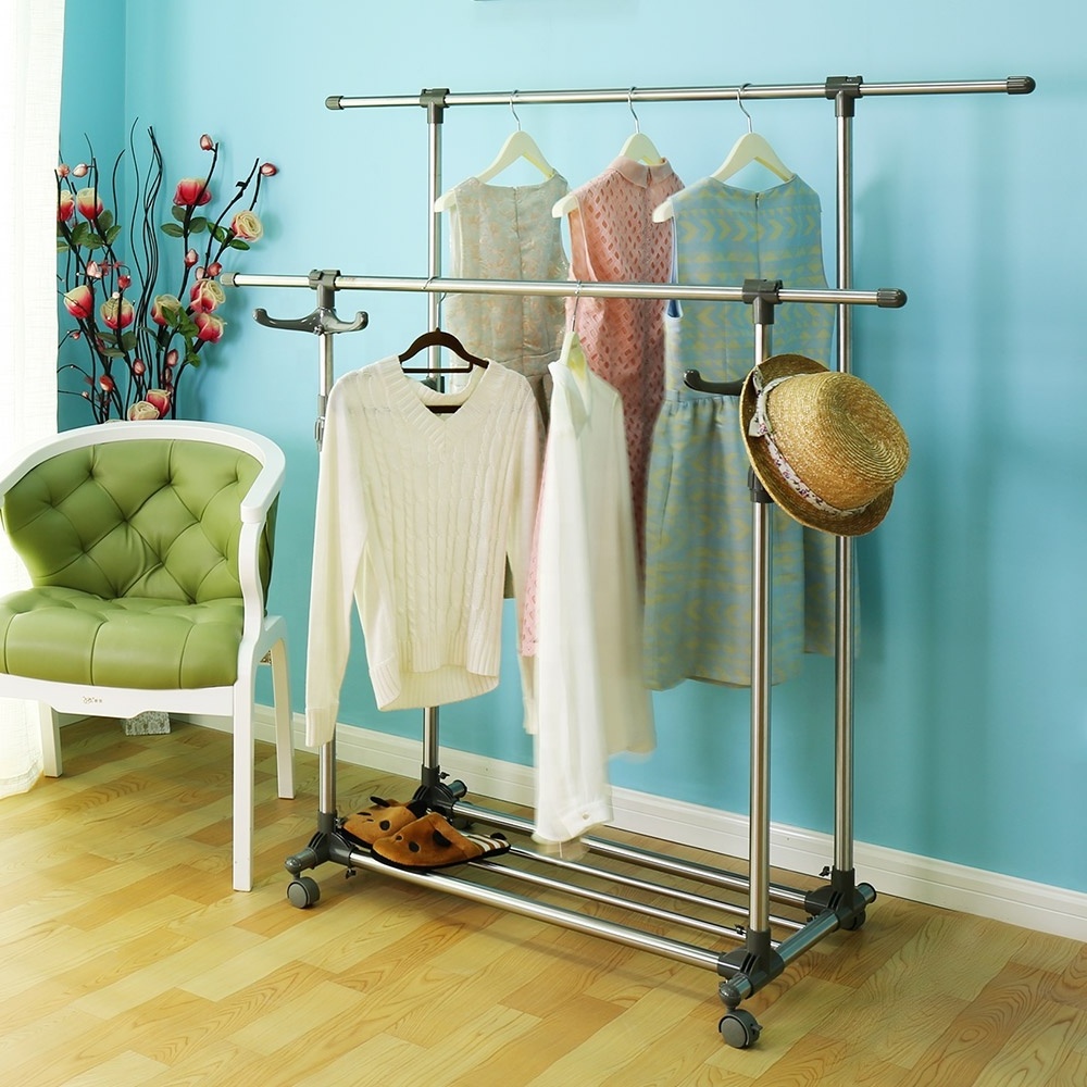 Grey Double Moveable Shoes Rack Double Rod Clothes Hanger