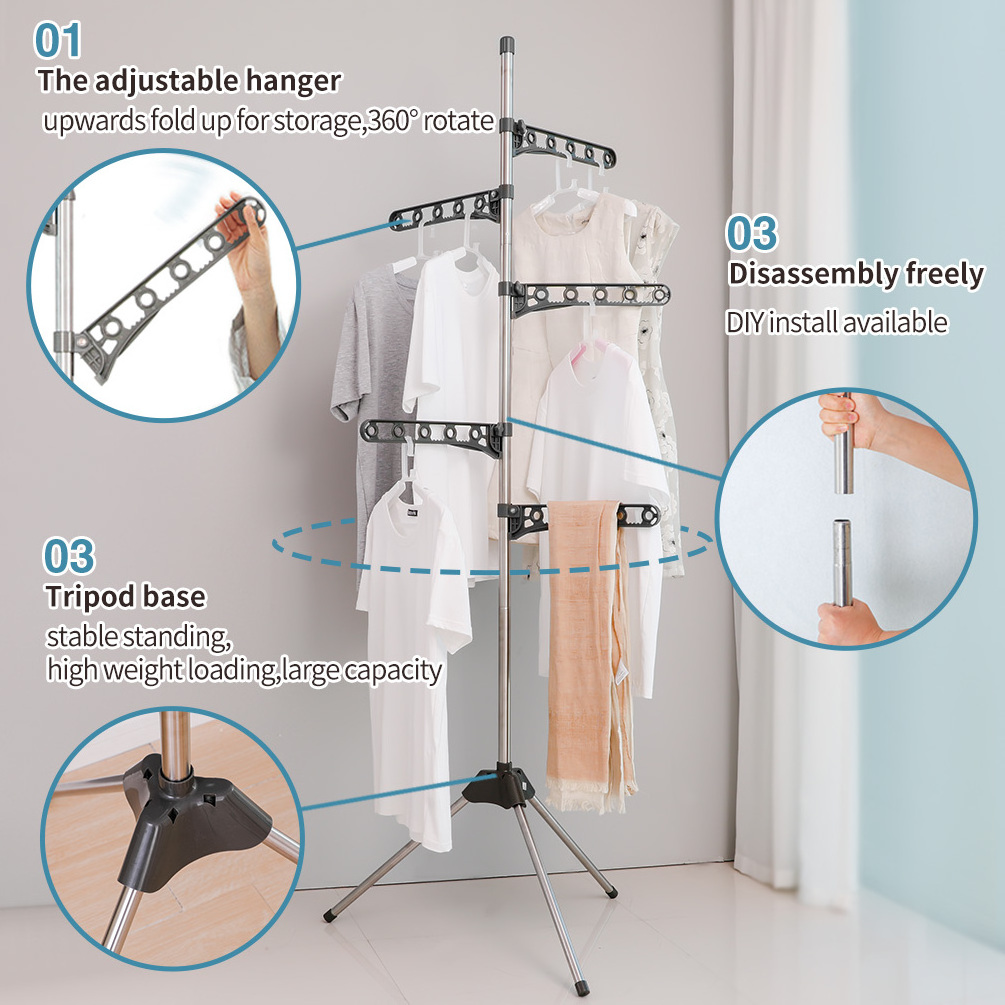 BAOYOUNI 5-Arms Tripod Clothes Drying Rack Collapsible Clothing Dryer Laundry Storage Hanger Stand Folding Garment Shelf