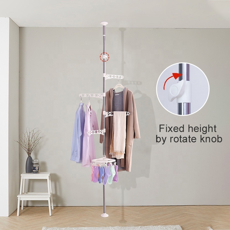 BAOYOUNI 5 Layers Stainless Steel Telescopic Pole Clothes Rack Adjustable Ceiling Mounted Garment Hanger Stand Laundry Rack